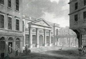 À gauche, le bâtiment en question, sur une gravure de l'époque.