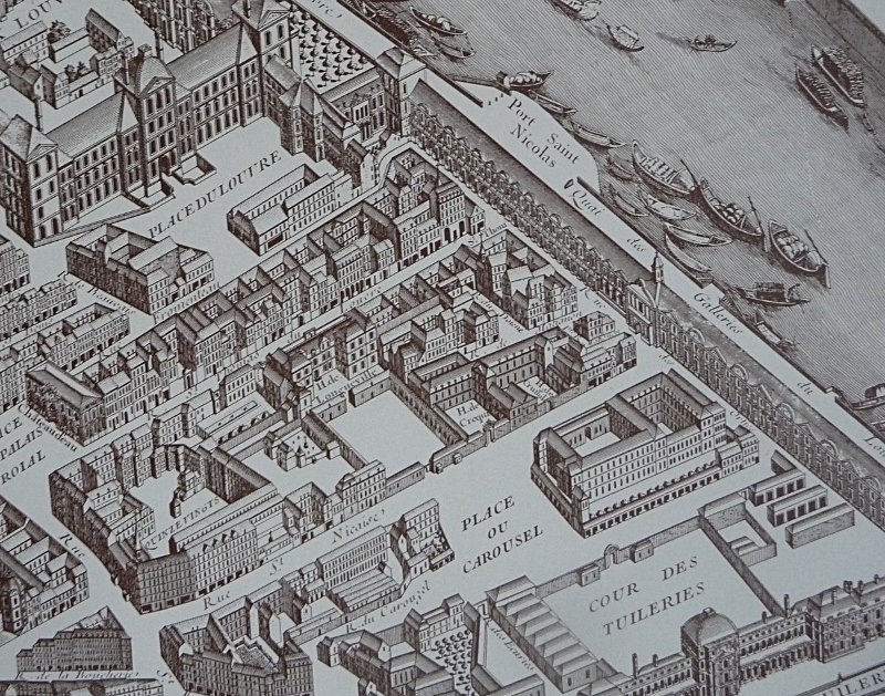 Le quartier du Louvre et des Tuileries sur le plan de Turgot (1737). On distingue au-dessus de la place du Carrousel l'hôtel de Créquy-Cambacérès, dont il est question dans <em>La Cousine Bette</em>. » title= »Le quartier du Louvre et des Tuileries sur le plan de Turgot (1737). On distingue au-dessus de la place du Carrousel l’hôtel de Créquy-Cambacérès, dont il est question dans <em>La Cousine Bette</em>. » class= »caption » align= »center » /></p>
<p>Sources :<br />
– <em>Gérard de Nerval</em>, biographie par Claude Pichois et Michel Brix, éditions Fayard.<br />
– « Nerval, Watteau et le pélerinage à l’île de Cythère », article de Michel Brix (michel.brix (at) fundp.ac.be) disponible sur http://www.akademiai.com/content/05w2524785672221/<br />
– <em>La Bohême galante</em> (1852) et <em>Petits châteaux de Bohême</em> (1853), de Gérard de Nerval,<br />
– Arsène Houssaye, <em>Les Confessions. Souvenirs d’un demi-siècle 1830-1880</em>, Paris, Dentu, 1885 (Houssaye, avec une nostalgie pas tout à fait désintéressée, s’est réapproprié la bohème du Doyenné dans ses mémoires),<br />
– « <a href=